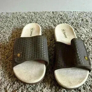 Spenco Charlotte Size 9.5D Women's Leather Slide Sandals Coffee slip on Velcro